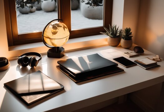 sleek minimalist desk setup featuring travel organized focused workspace clutter free aesthetic appeal, essentials, organizer, clean, simple, design