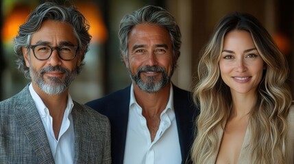 portrait of a confident diverse team, featuring two smiling mature latin businessmen and a european businesswoman, standing proudly against a soft beige backdrop