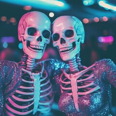 Two colorful skeletons in glittery outfits pose playfully against a vibrant, illuminated background, celebrating the fun spirit of Halloween or themed festivities.