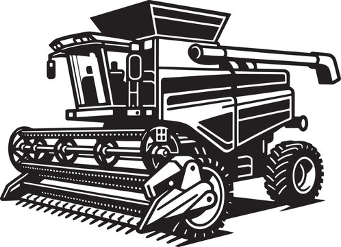 Combine Harvester Vector Illustration - Black and White Outline