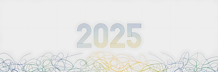 Abstract 2025 New Year design with blue and yellow lines on white background 