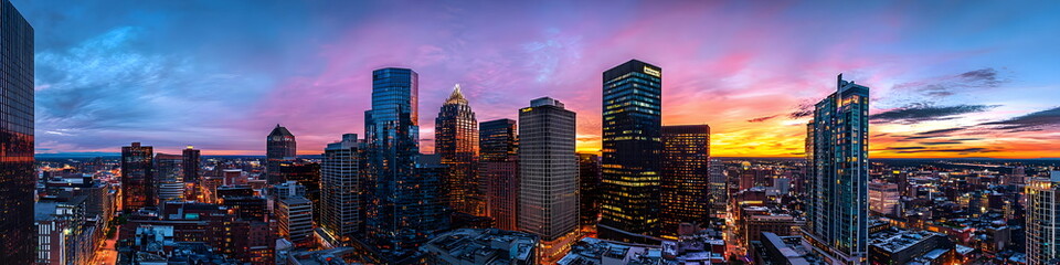 North Carolina. A city skyline at sunset with the sun setting behind the buildings