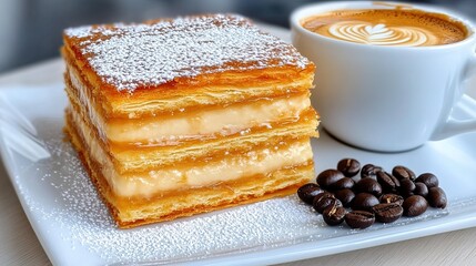 A decadent layered pastry with cream, dusted with powdered sugar, accompanied by a cup of coffee and coffee beans on a white plate.