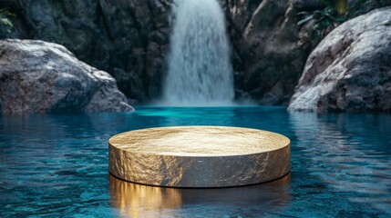 Fototapeta premium A golden disc floats on serene blue waters, framed by rocky cliffs and a gentle waterfall, creating a tranquil and mystical atmosphere.