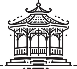 Black and White Vector Illustration of a Traditional Gazebo