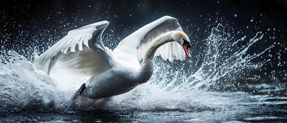 Obraz premium White swan taking off from water