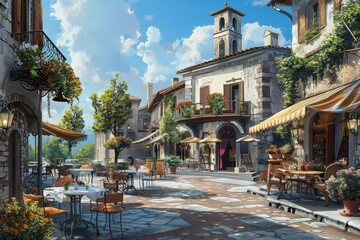 Fototapeta premium Charming Italian courtyard with open-air dining and flower-lined streets under a blue sky