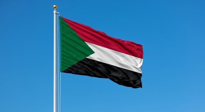 Sudan national flag waving on clear blue sky background. - Powered by Adobe