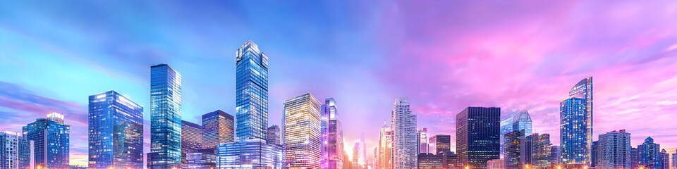 Obraz premium A city skyline with a purple sky