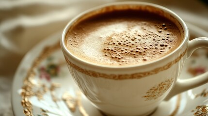 Obraz premium Coffee cup: A close-up of a classic coffee cup, elegantly styled, possibly with a subtle design, holding a freshly brewed coffee.