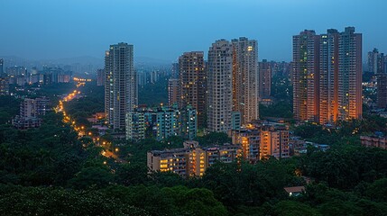 Fototapeta premium Aerial view of city skyline at dusk with skyscrapers and street lights