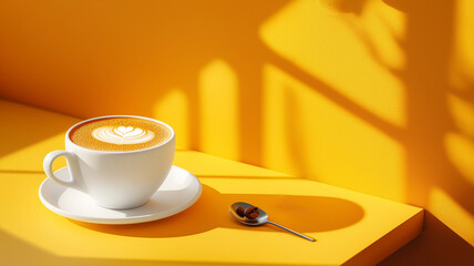 warm cup of coffee with latte art sits on bright yellow surface, creating cheerful atmosphere