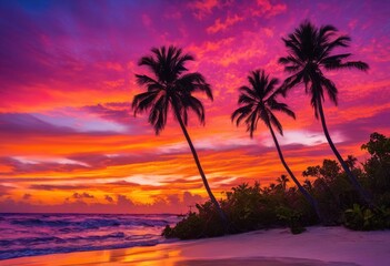 vibrant sunset landscape featuring palm trees emphasizing rich colors tranquil ambiance, beach, horizon, ocean, silhouette, tropical, scenery, paradise