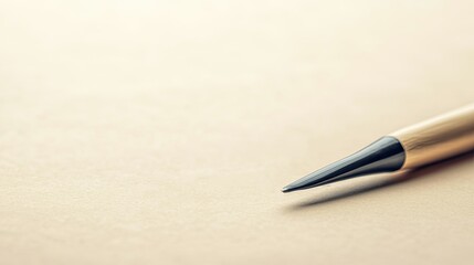 A close-up of a pen resting on a blank sheet of paper, highlighting the sharp tip and neutral background, perfect for writing or sketching.