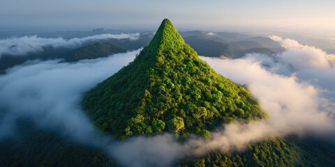Majestic Mountain Peak Emerging Through Clouds at Sunrise
