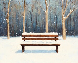 A serene winter scene featuring a snow-covered bench surrounded by snowy trees, perfect for evoking calm and tranquility.