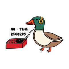 Obraz premium hand drawn cute duck listening to music cartoon retro illustration