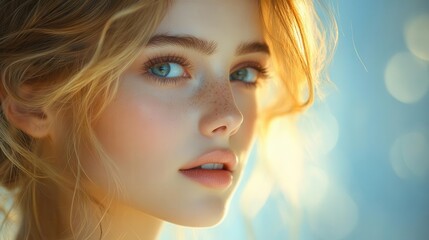 Naklejka premium profile portrait of a stunning young female model, showcasing her natural beauty and striking features, with soft lighting and a blurred background emphasizing her elegance and grace