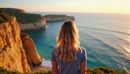 Fototapeta premium Woman Admiring the Breathtaking Ocean View from a Clifftop