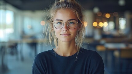 A young woman with glasses smiles confidently in a bright, modern café during the afternoon