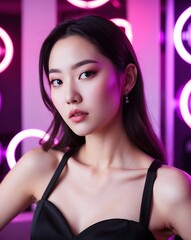 Naklejka premium Elegant Female Model in Chic Black Dress with Neon Lights