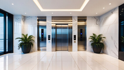 Fototapeta premium interior view of a modern elevator, showcasing sleek design and advanced features, creating a comfortable and stylish vertical transport experience