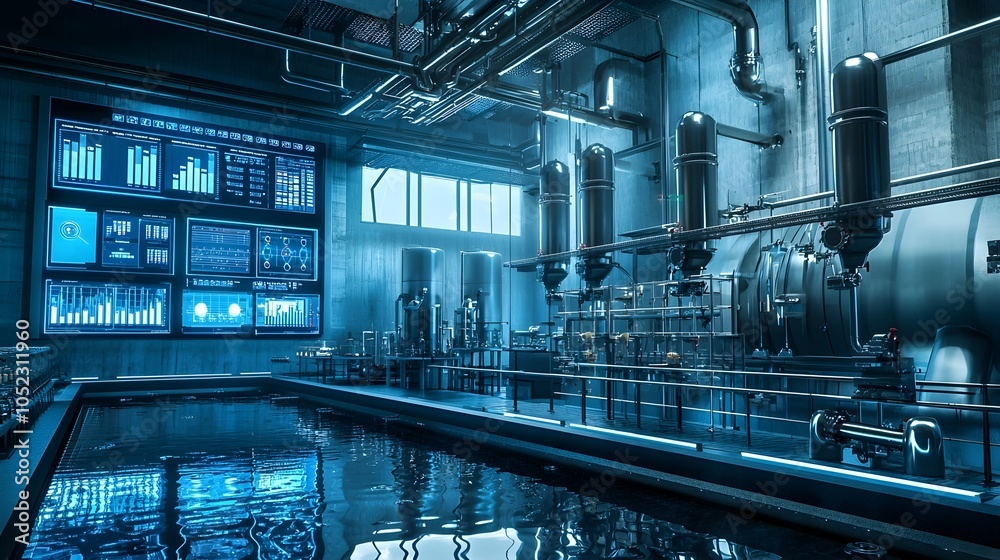Poster futuristic wastewater analysis lab with digital monitoring and real time data visualization