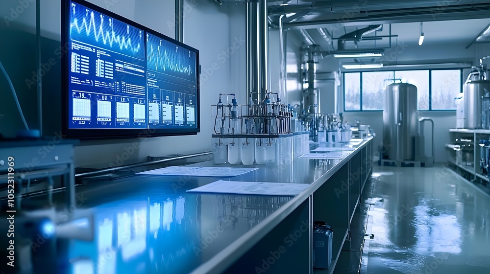 Poster high tech wastewater analysis lab with digital screens displaying environmental data