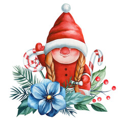 Gnome girl. Magical holiday watercolor composition of Christmas gnome, vibrant flowers, winter greenery white background