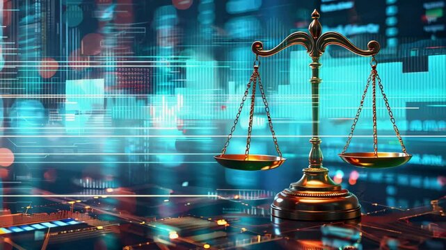 Digital law concept. Law scales at data center. Abstract blue footage