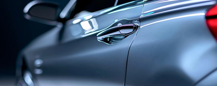 A close-up of luxury car details like the door handle, with metallic textures and flowing lines reflecting under bright lights.