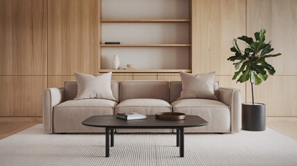 Minimalist living room, Minimalist living room interior with white sofa, armchairs, wooden coffee table, and potted plants.
