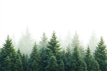 Evergreen forest in morning, a peaceful morning scene of an evergreen forest, with soft light and dew-covered foliage, creating a serene atmosphere,