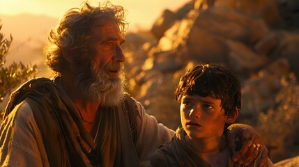 A heartfelt scene of Abraham untying Isaac from the altar, his hands trembling with relief and gratitude. Isaac looks up at his father, his expression a mixture of confusion and trust.