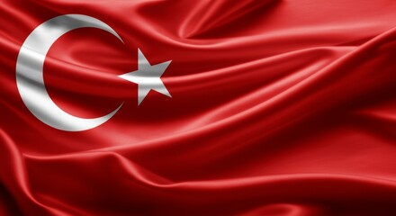 Obraz premium Turkish flag with crescent and star on flowing red fabric background.