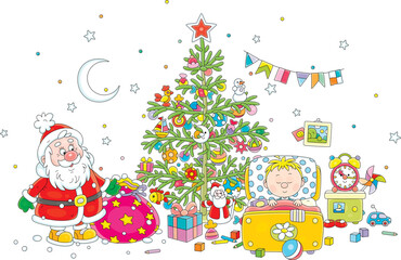 Santa Claus with his magical bag full of holiday gifts for a little boy sleeping in a nursery room with a decorated green fir on a Christmas night, vector cartoon illustration on white