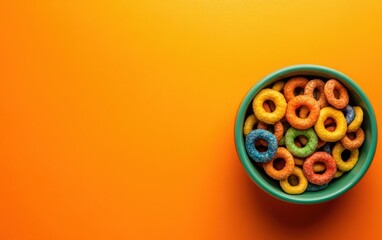 Fototapeta premium A vibrant top view of a bowl filled with colorful Froot Loops cereal rings, set against a bright orange background