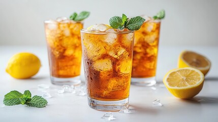 refreshing long island iced tea in a glass, elegantly garnished with lemon and mint, presented against a pristine white background, embodying the essence of summer relaxation and enjoyment