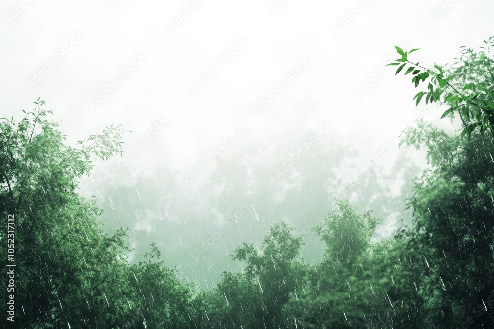 Aufkleber evergreen forest in rain, a serene and refreshing scene of an evergreen forest during rainfall, with
