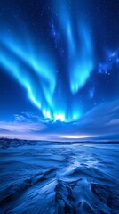 Naklejka premium Electric blue auroras vast frozen tundra illuminated under starry sky beauty. AI generated