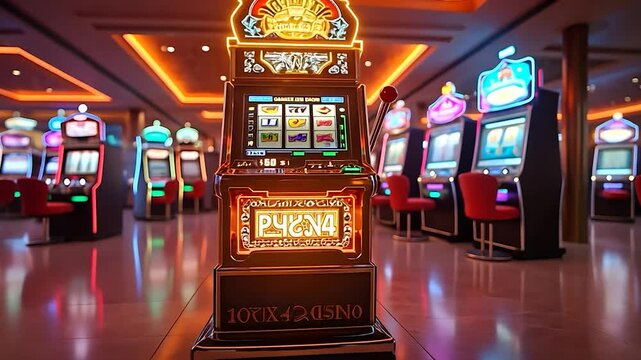 Row of Slot Machines with Bright Lights in a Casino