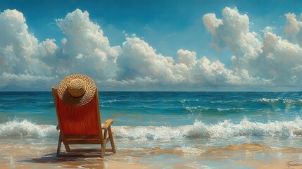 relaxing beach chair topped with a straw hat, set against a serene seaside backdrop, inviting viewers to imagine a peaceful escape in warm, sunny colors