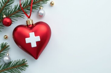 Heart-shaped Christmas ornament with medical cross on a white background. Medicine, healthcare, cardiology concept. Design for greeting card, invitation, poster, banner. Copy space