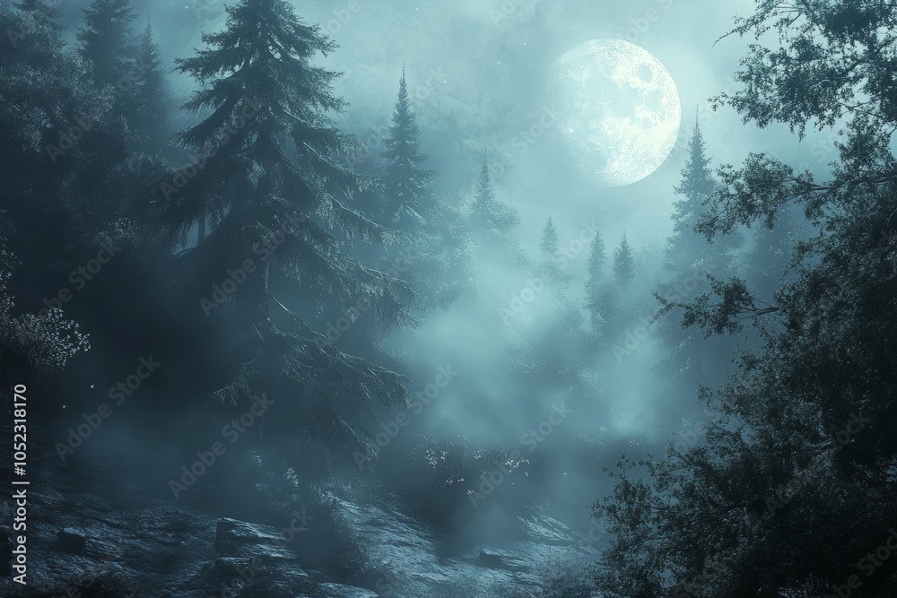 Poster evergreen forest under moonlight, a mystical and enchanting image of an evergreen forest bathed in s