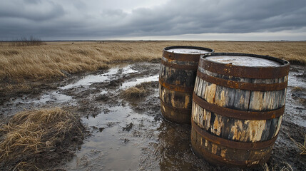Naklejka premium Rustic Wooden Barrels in Muddy Field Landscape