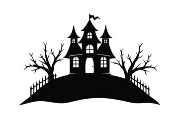  silhouette of a spooky haunted house on a hill with white background emphasizing a Halloween theme