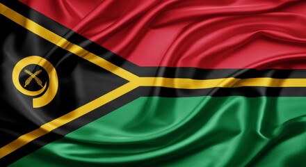 Waving flag of Vanuatu with red, green, yellow, and black colors and emblem.