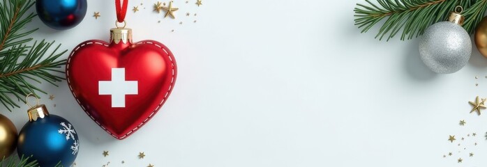 Heart-shaped Christmas ornament with medical cross on a white background. Medicine, healthcare, cardiology concept. Design for greeting card, invitation, poster, banner. Copy space