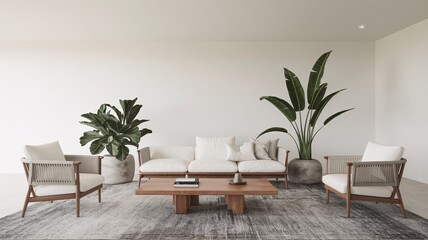 Fototapeta premium Minimalist living room, Minimalist living room with white sofa, armchairs, wooden coffee table, and plants on rug.