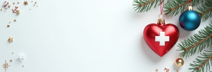 Heart-shaped Christmas ornament with medical cross on a white background. Medicine, healthcare, cardiology concept. Design for greeting card, invitation, poster, banner. Copy space